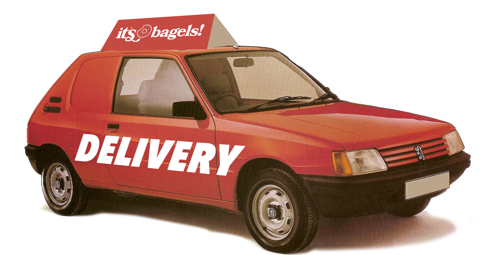 A red delivery car with an It's Bagels sign on the roof.